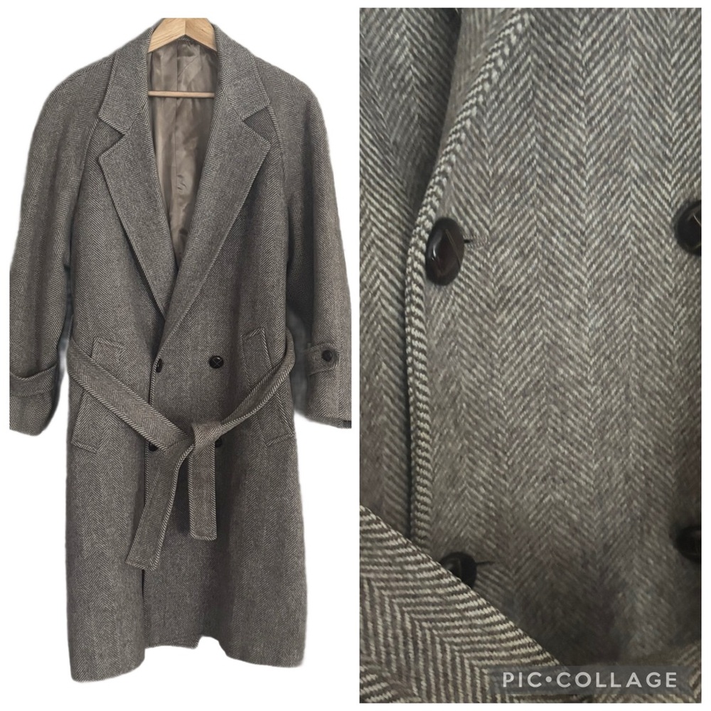 Vintage Beige Virgin Wool Tweed Club Europe Overcoat Measured Men’s L 23” pit to